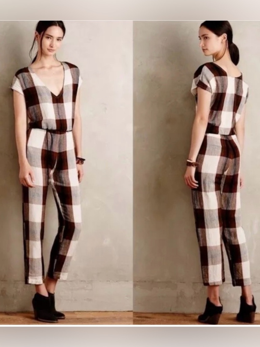 Anthropologie The Odells Linen Brown White Plaid Jumpsuit With Belt